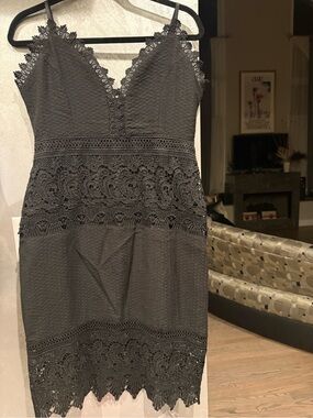 Lace-Trim Spaghetti Strap Mini Dress — Black